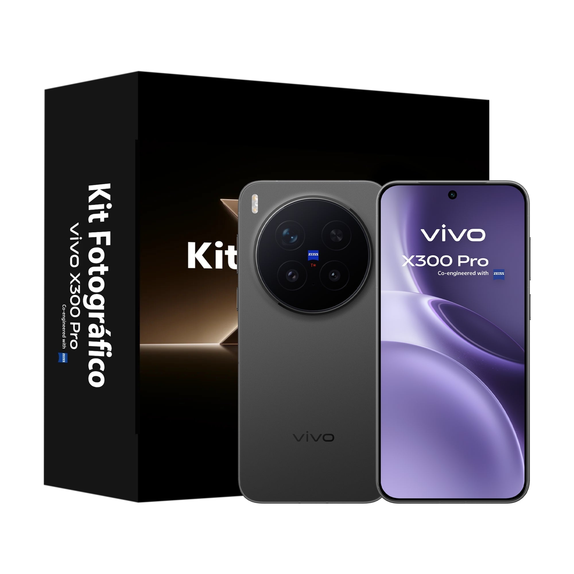 Bundle vivo X300 Pro em Phantom Black com acessórios profissionais e caixa de edição especial.