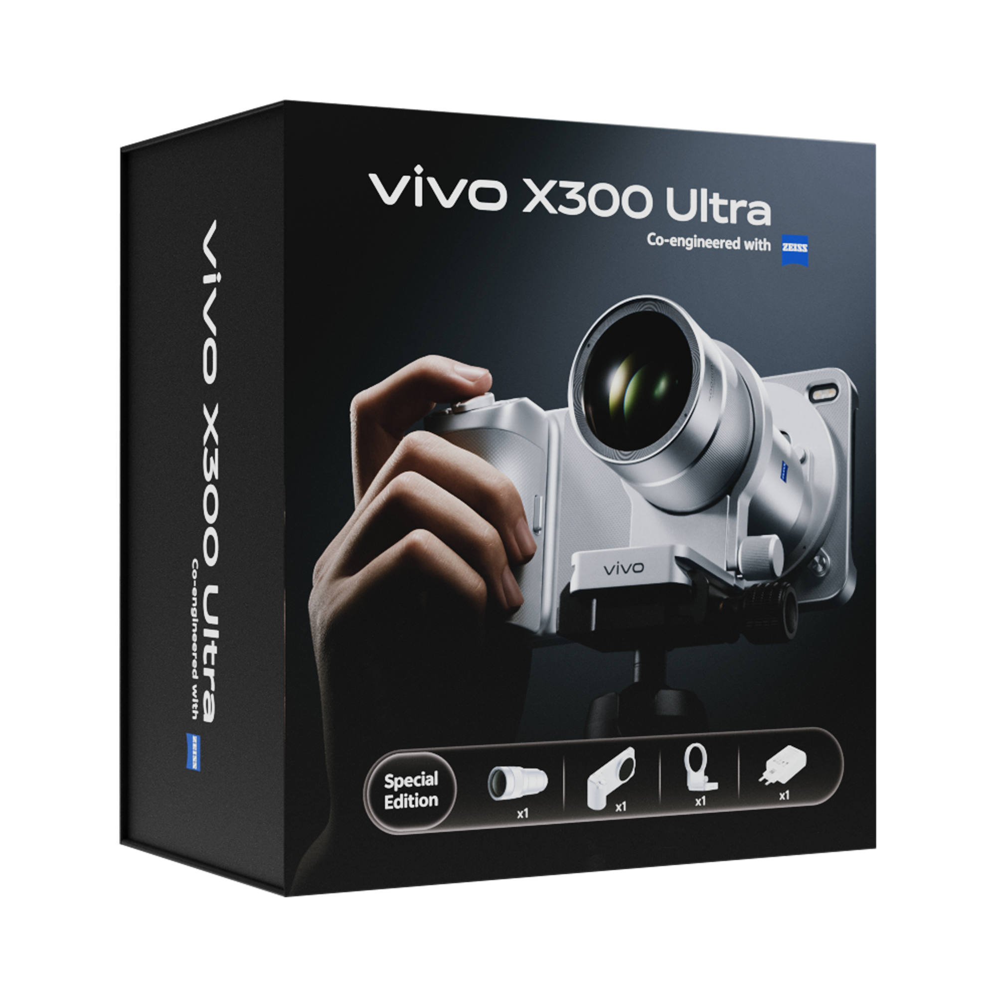 Acessórios oficiais do vivo X300 Ultra: punho com bateria integrada, extensor teleobjetivo Gen 2 Ultra de 400 mm e anel para tripé.