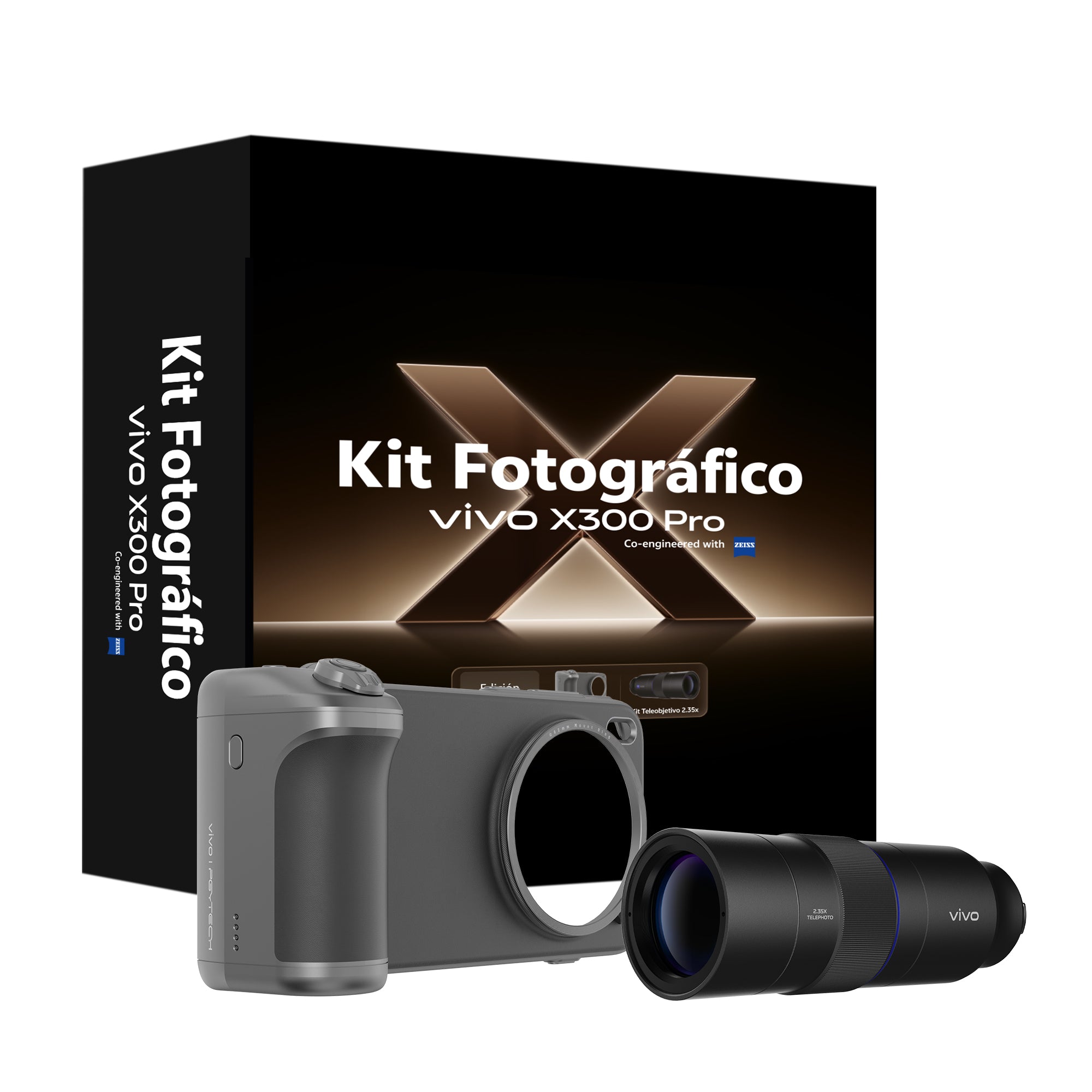 Kit de fotografia profissional da vivo com grip de bateria e lente teleobjetiva acoplada.
