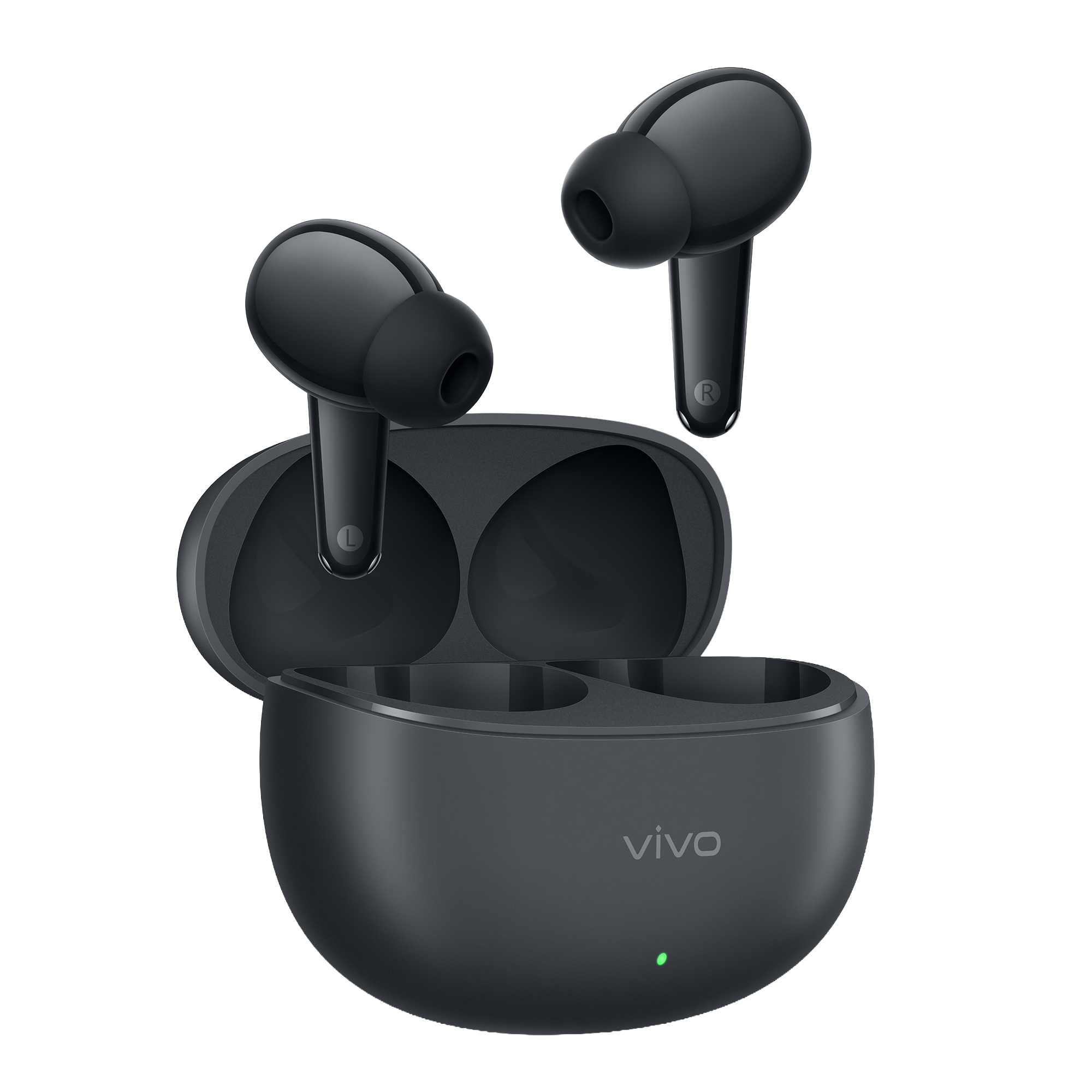 Caixa de carregamento aberta dos vivo Buds Pro Basalt Black que oferece uma autonomia de bateria total até 55 horas.