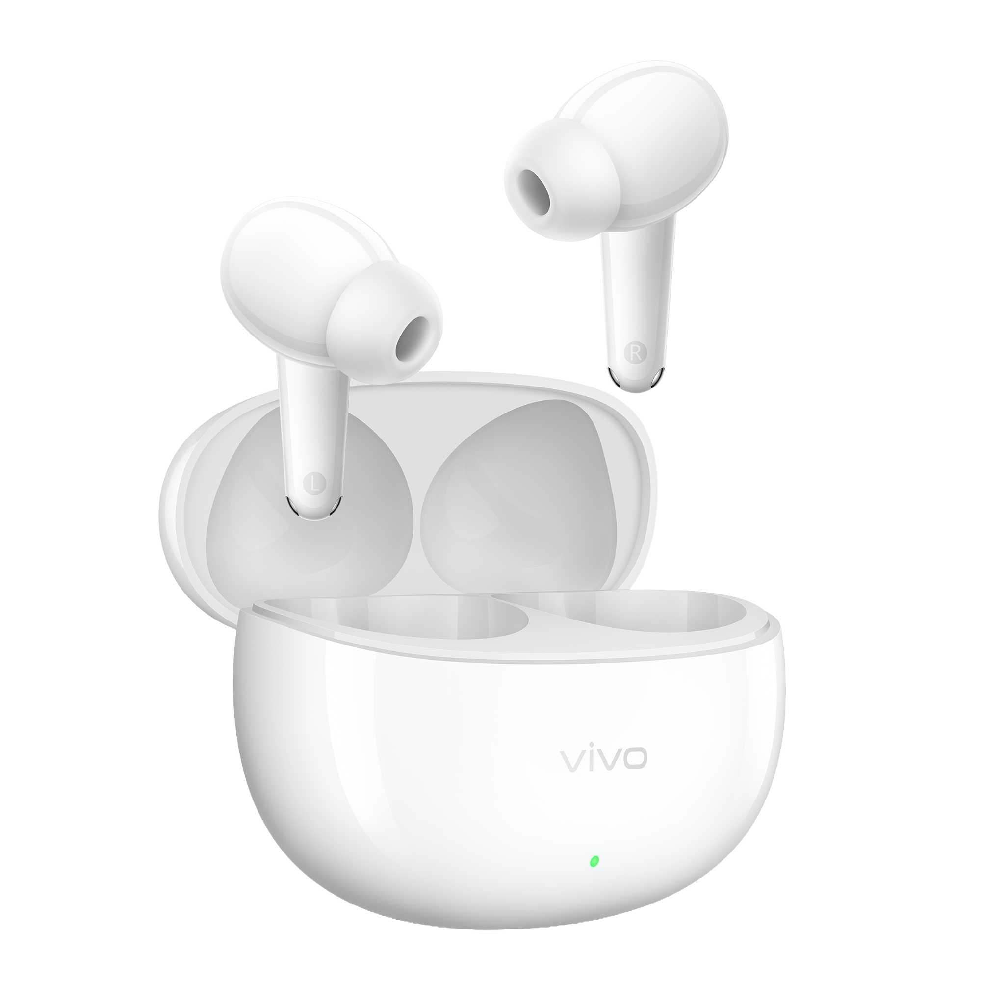 Auriculares sem fios vivo Buds Pro brancos na sua caixa compacta com sistema de carregamento ultrarrápido completo em duas horas.