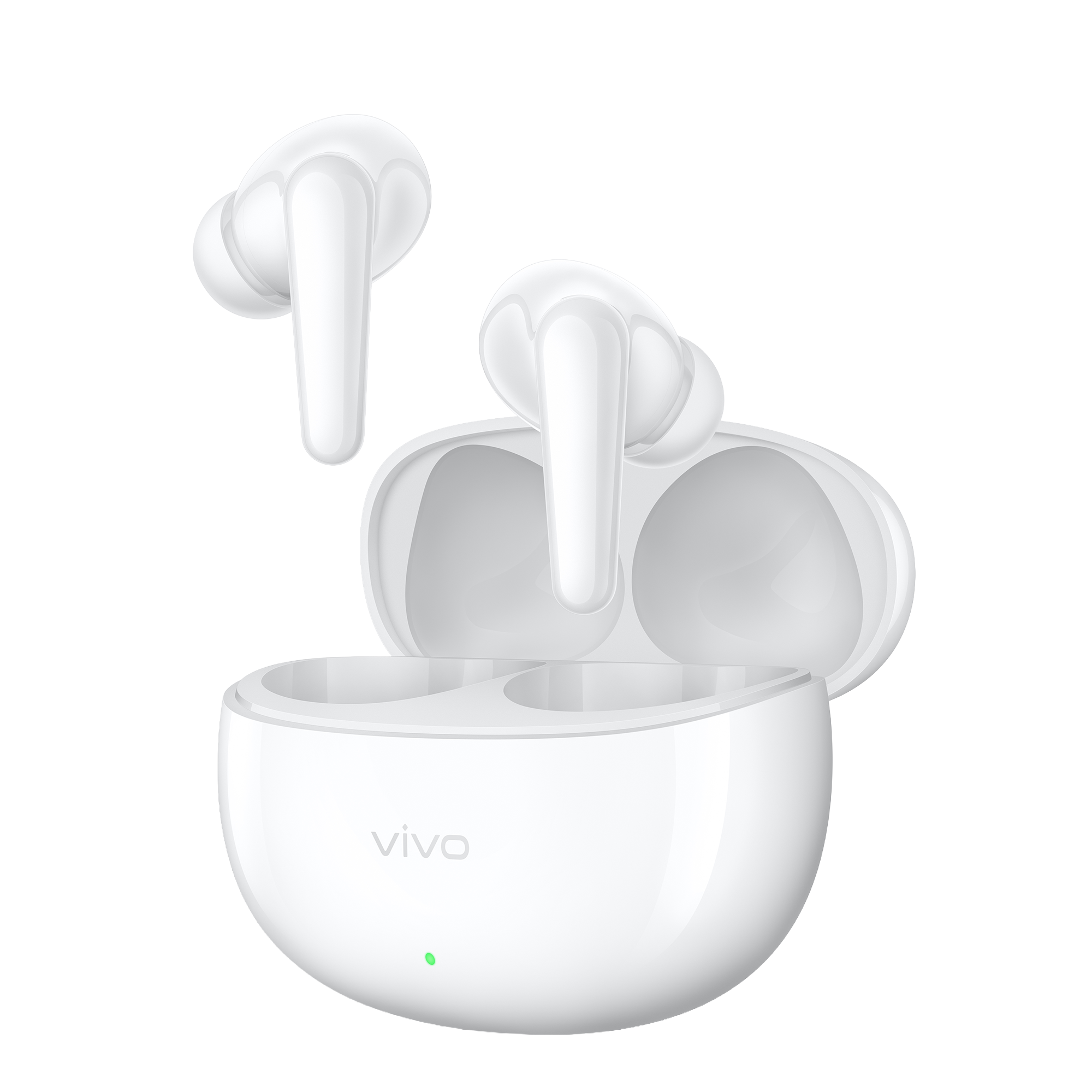 Primeiro plano do auricular vivo Buds Pro Makrana White que destaca os seus controlos inteligentes e a função de pausa e retoma automáticas.