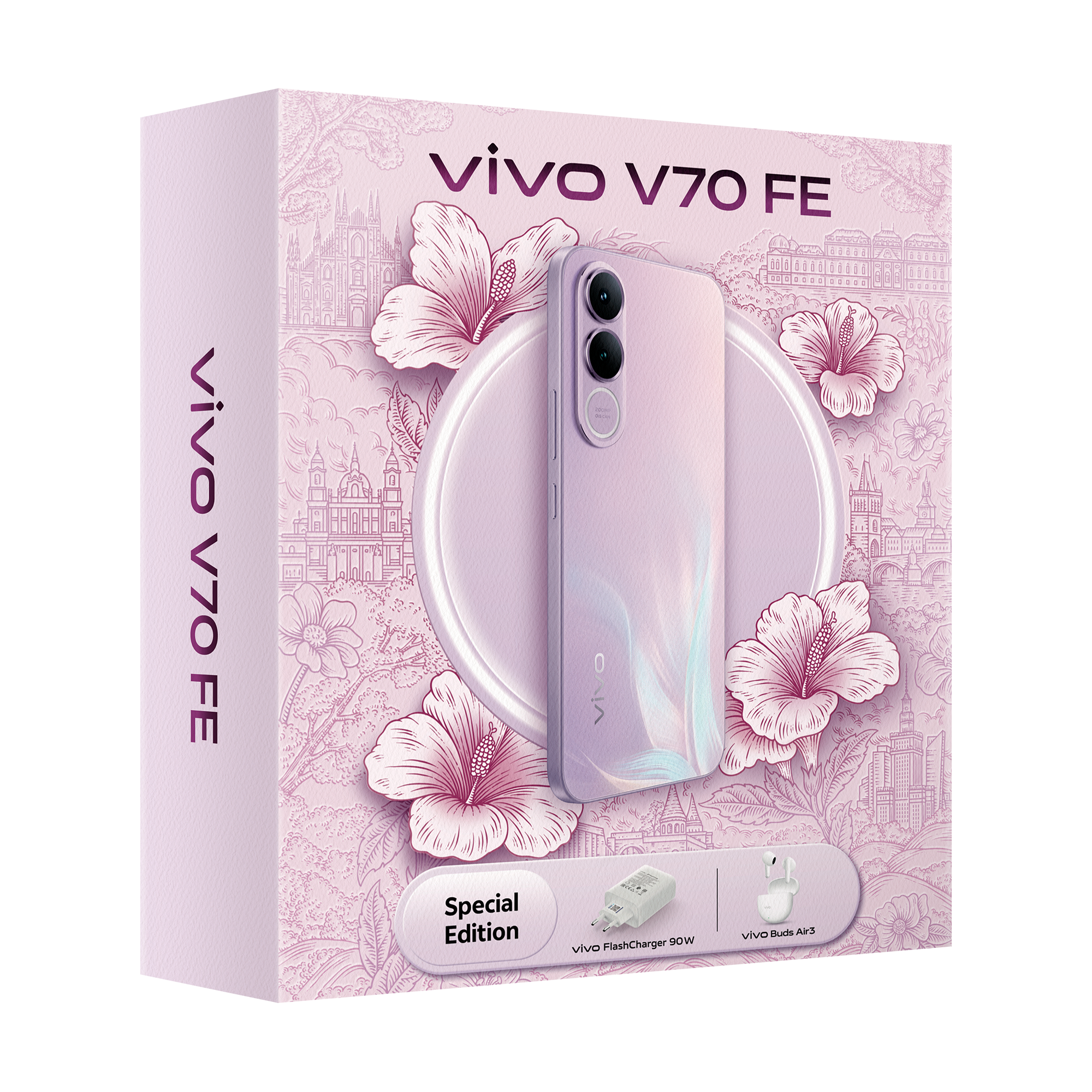 Caixa da edição especial vivo V70FE muse purple com Buds Air 3 incluídos.
