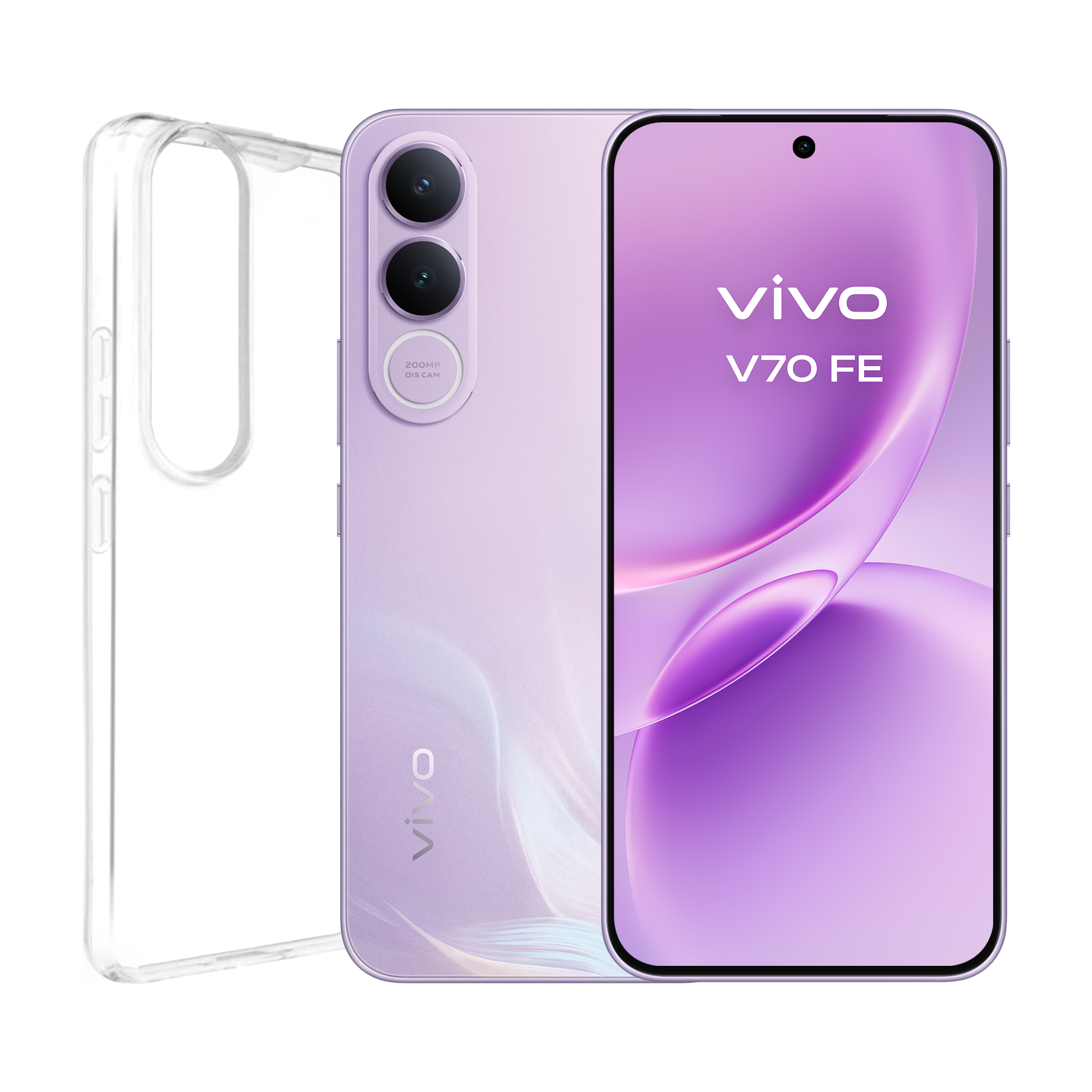 Smartphone vivo V70FE cor muse purple ao lado dos auriculares Buds Air 3.