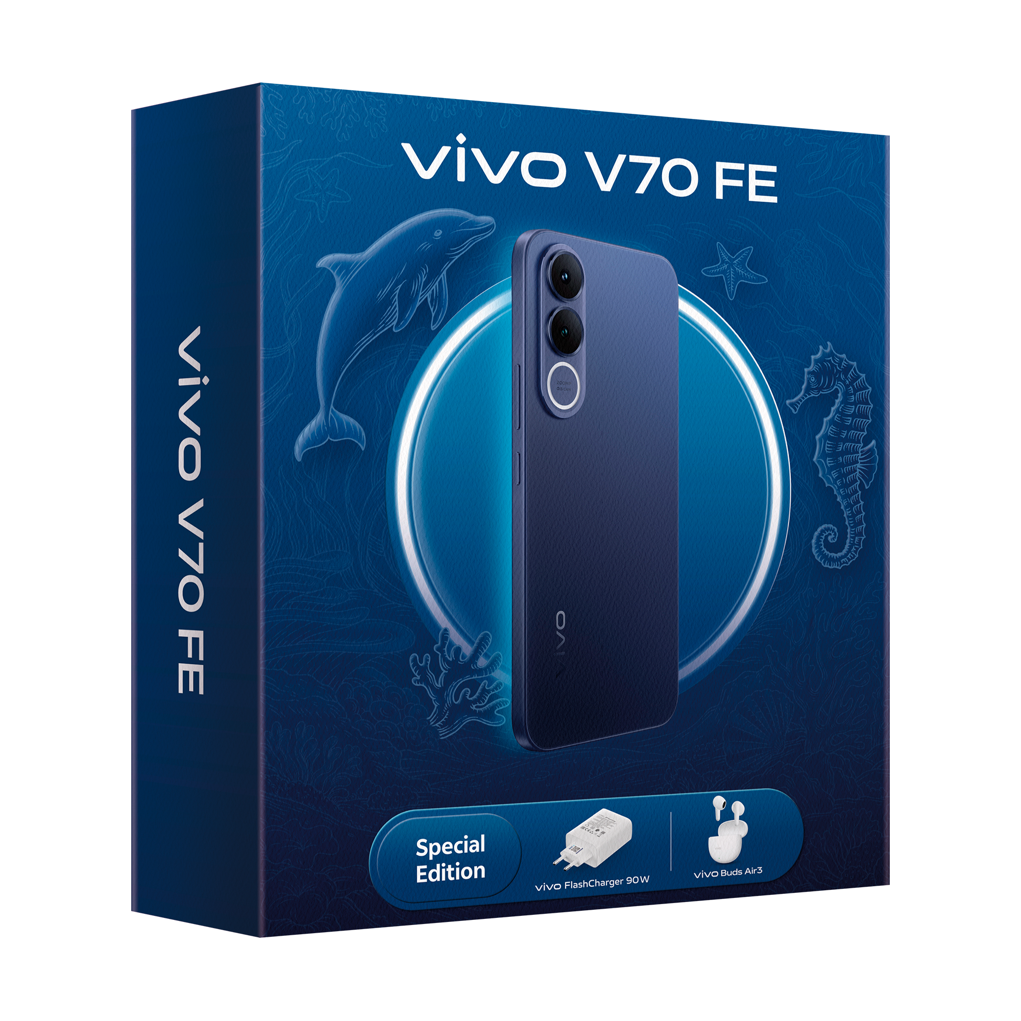Embalagem oficial do smartphone vivo V70FE na cor ocean blue estelar