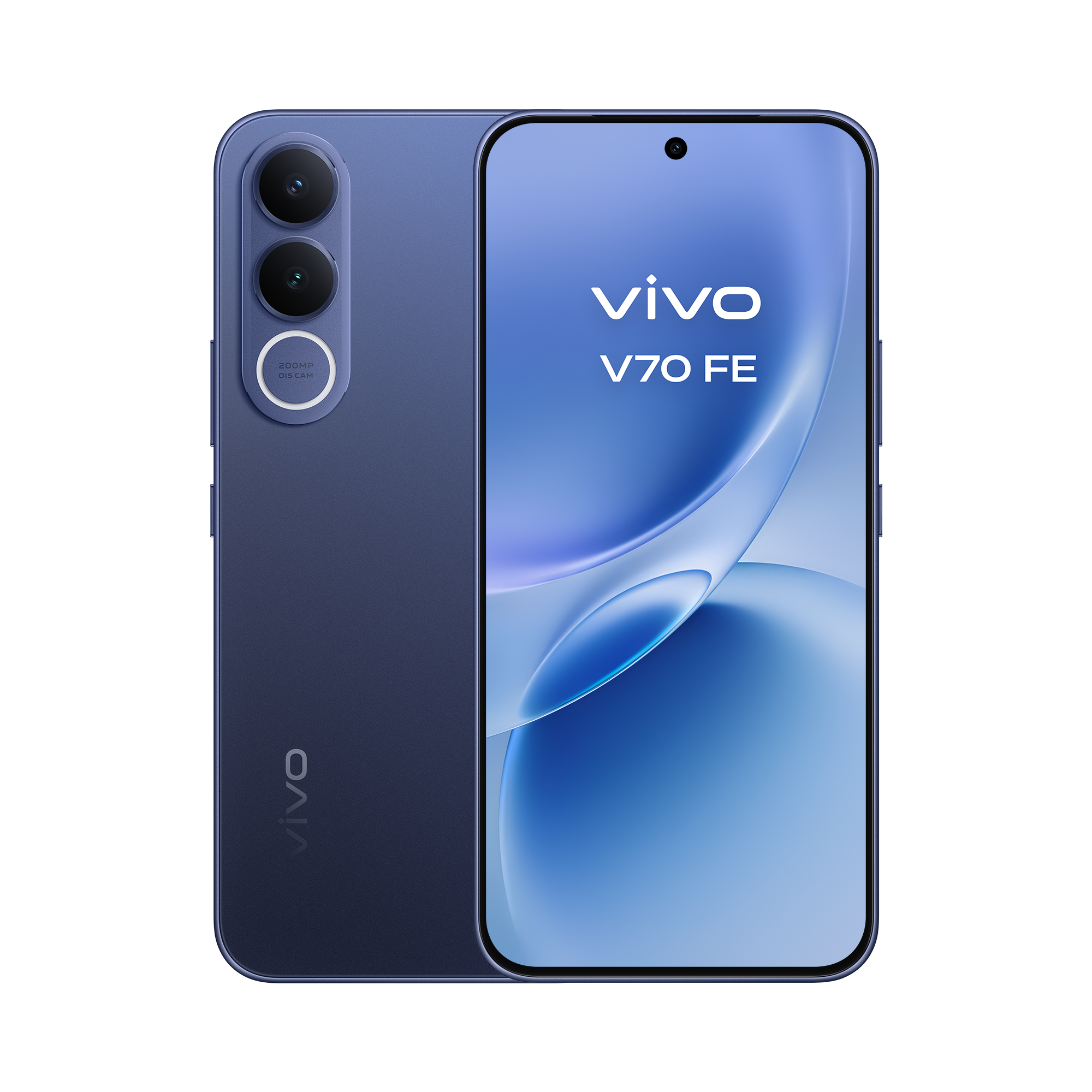 Frente do vivo V70FE ocean blue destacando as molduras superfinas do ecrã