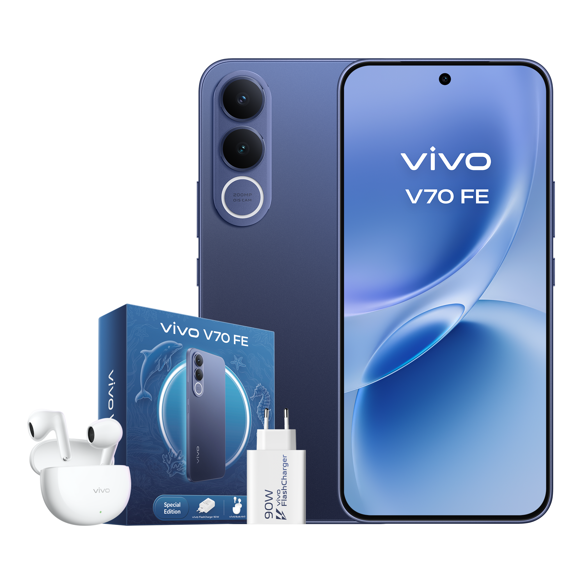 Conteúdo da caixa vivo V70FE ocean blue com carregador FlashCharge de 90W.