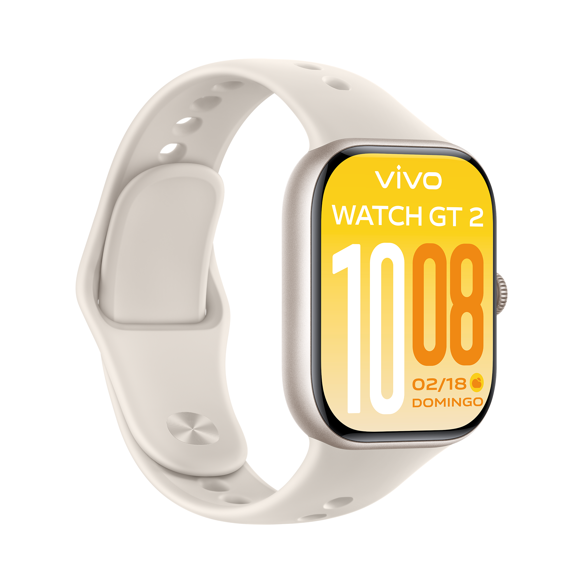 Ecrã do relógio inteligente vivo Watch GT2 branco com fundos interativos de animais de estimação e sistema de correias de libertação rápida.