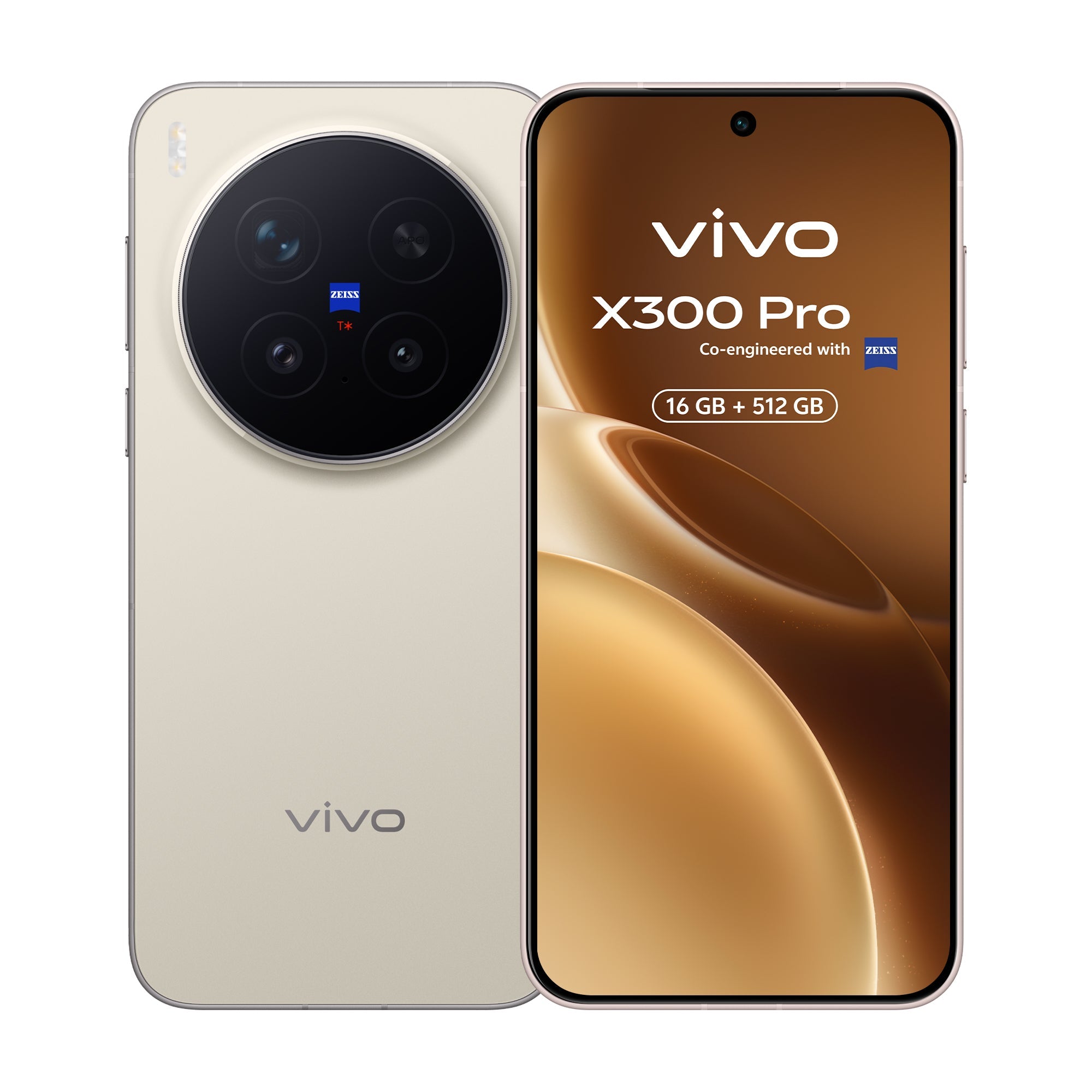 Vista frontal e traseira do telemóvel vivo X300 Pro na cor Dune Brown, realçando o design elegante.