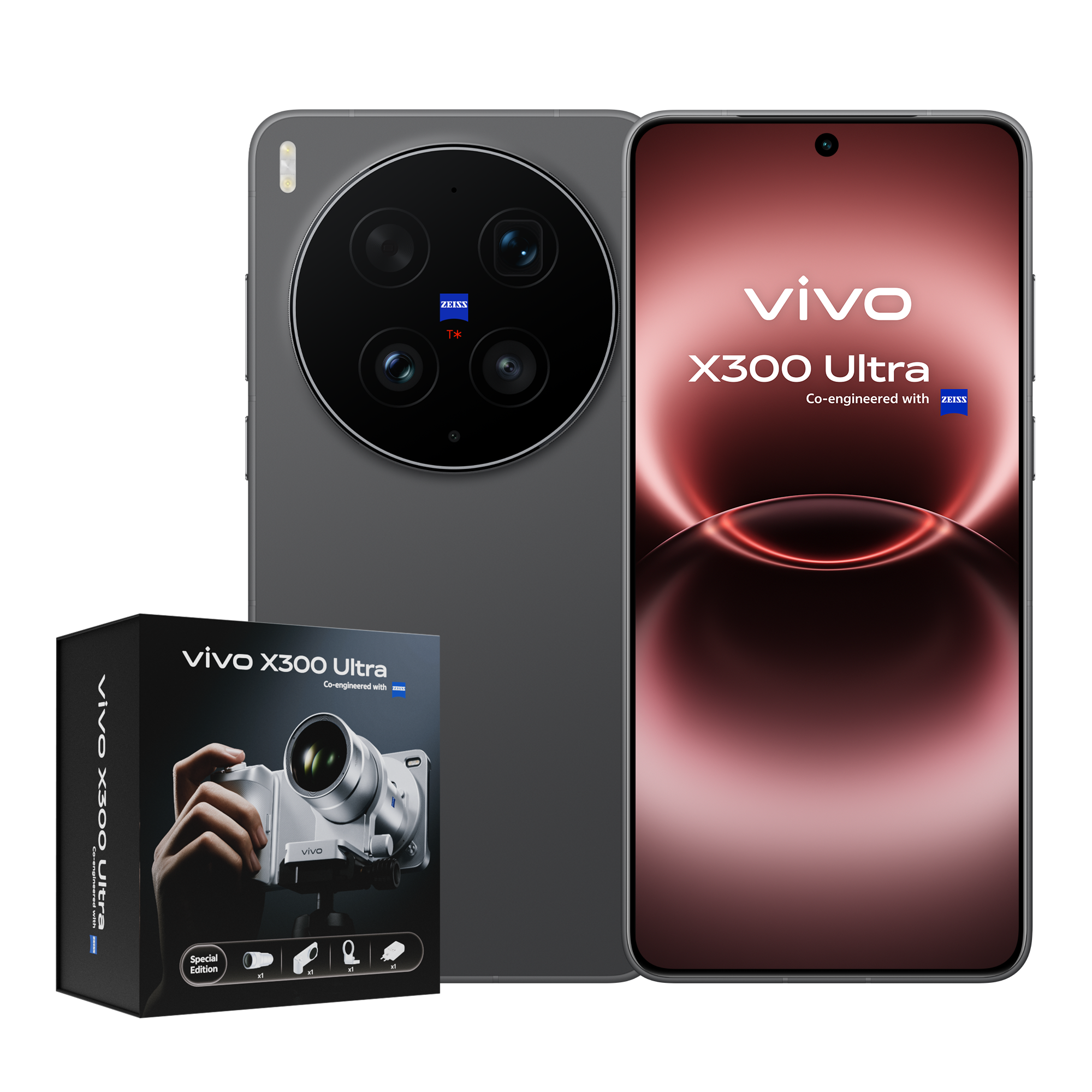 Telemóvel vivo X300 Ultra Volcano Black com o kit de punho acoplado, concebido para oferecer uma experiência clássica de captura fotográfica.