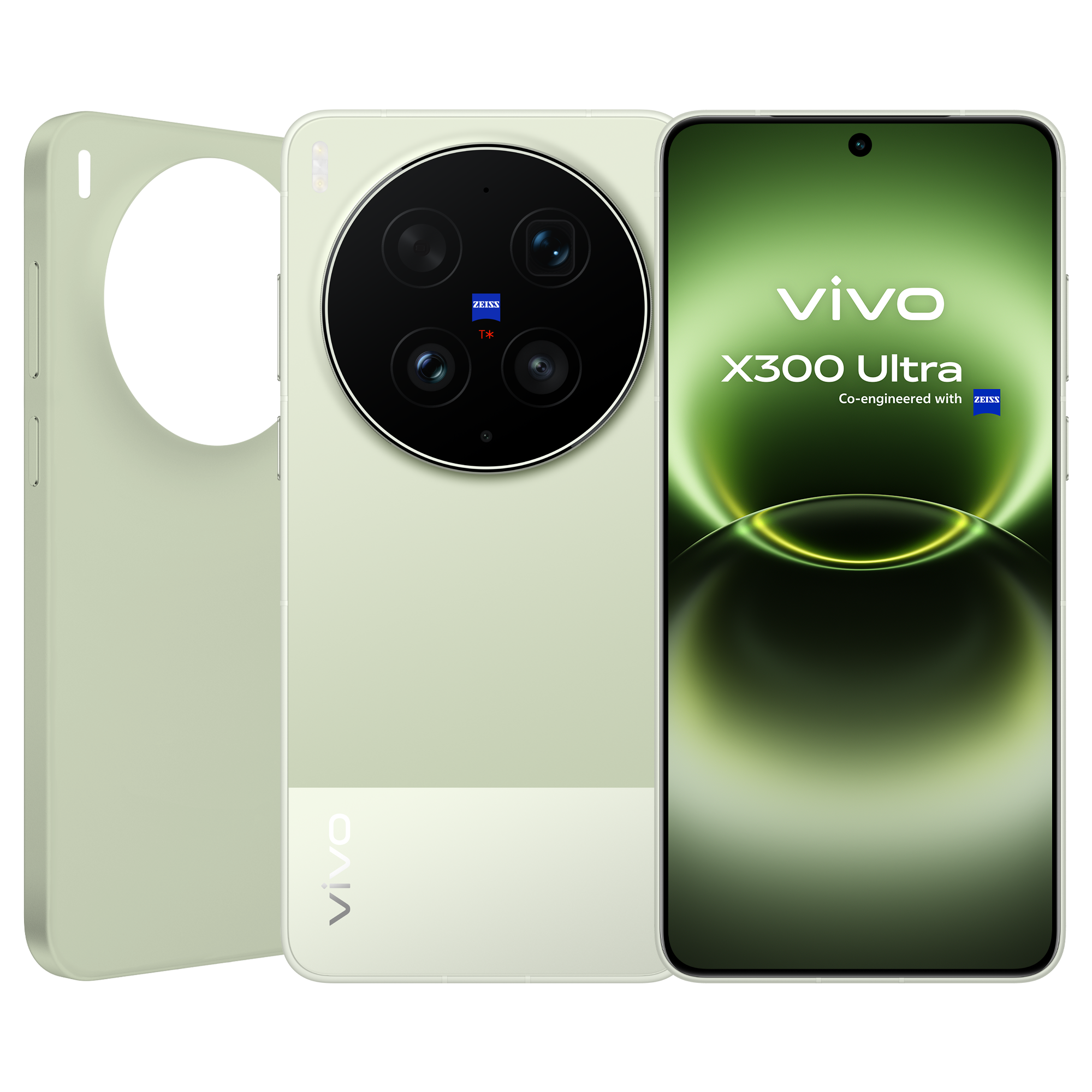 Parte traseira do vivo X300 Ultra na cor Steppe Green em dois tons com módulo de câmaras ZEISS Master e anel metálico com textura estriada.