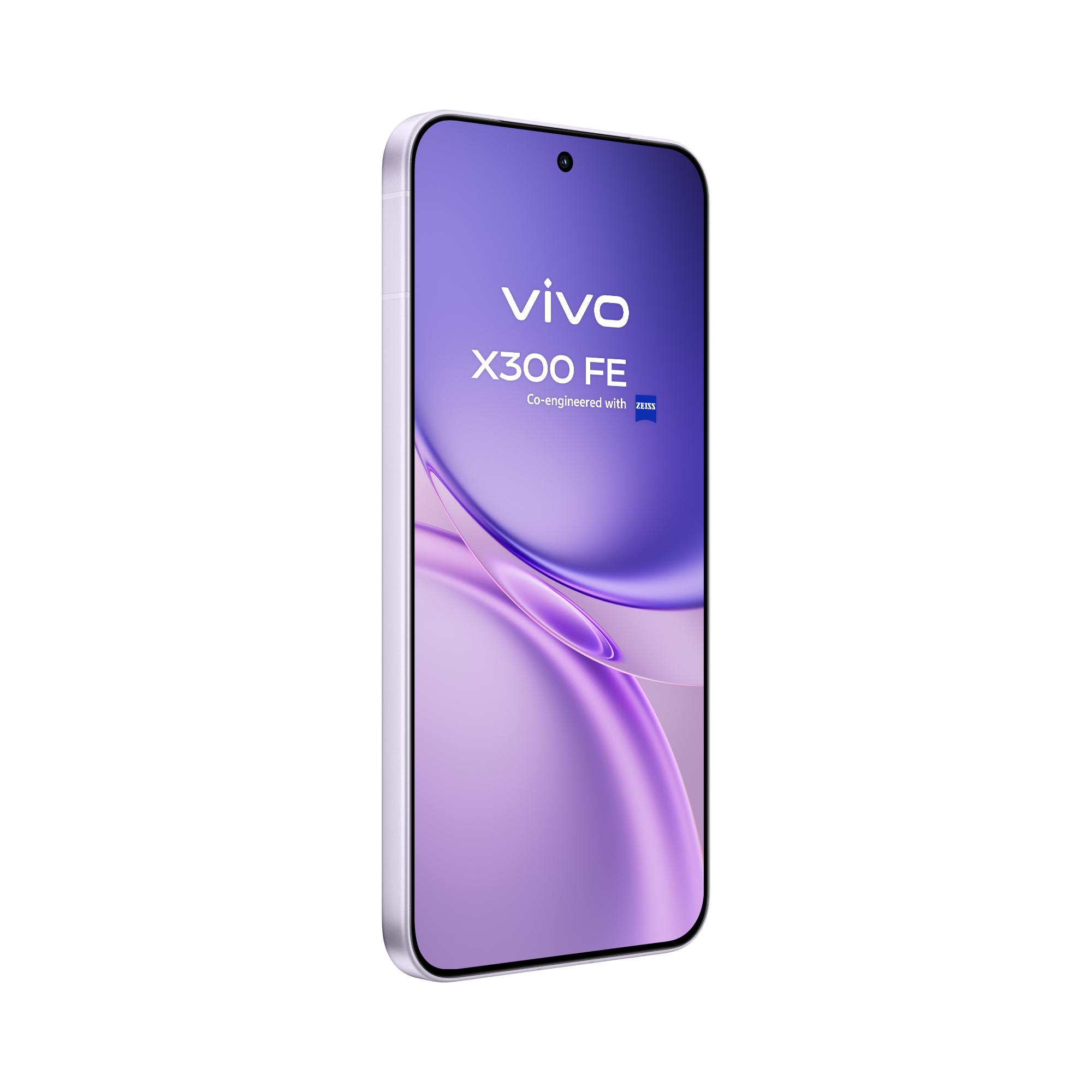 Vista diagonal superior do vivo X300FE Mist Purple realçando as curvas do design.