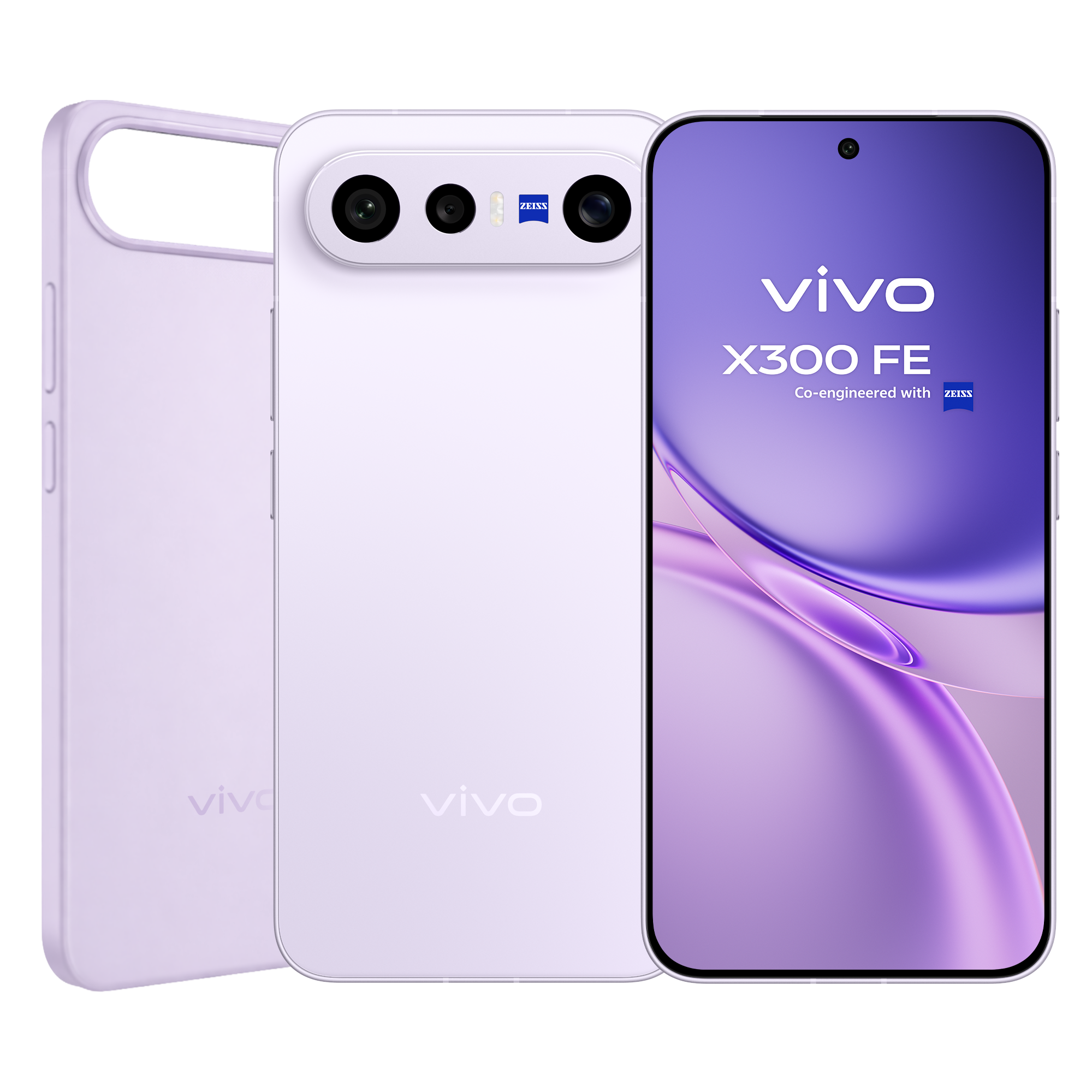 Visão frontal do vivo X300FE Mist Purple mostrando o ecrã AMOLED de alta definição.